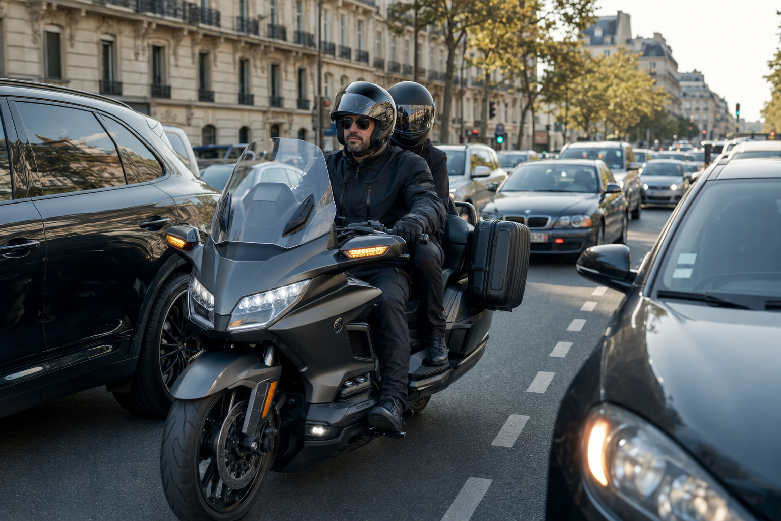 Taxi moto prêt à partir sur une avenue parisienne ensoleillée après une réservation en ligne vers Roissy CDG